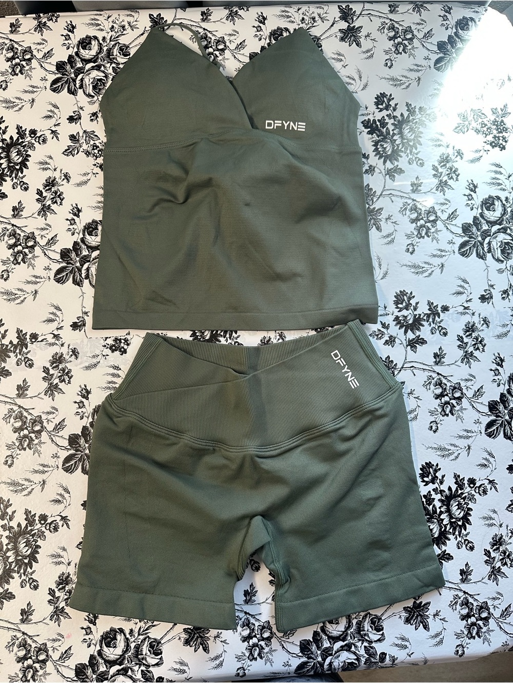DFYNE Women's Olive Green High-Rise Bike Shorts Set.